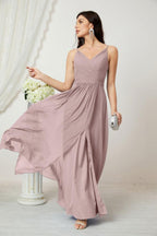 Chiffon V-Neck Bridesmaid Dress Spaghetti Strap Long Formal Party Prom Gowns with Slit 28010
