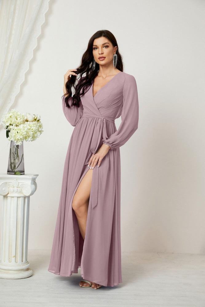 Evening Dresses Deep V-Neck Chiffon Bridesmaid Dresses Long Bishop Sleeve Side Split Formal Dress 2806
