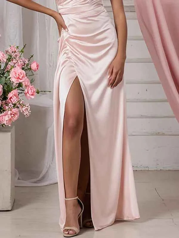 Pink One Shoulder Evening Dress Pleated Bodice And High Slit Mermaid Fishtail