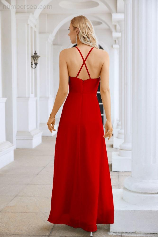 Vestido de Festa Comprido até ao Chão para Damas de Honra, em Chiffon, com Alças Finas, Decote em V e Fenda Frontal, para Baile, Festa e Casamento 28116