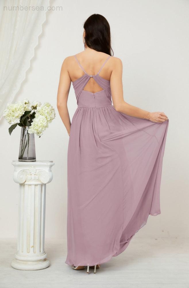 Neck Bridesmaid Dresses Chiffon Long Spaghetti A-line Formal Prom Gown for Wedding Party Evening 2801