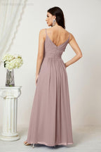 Chiffon V-Neck Bridesmaid Dress Spaghetti Strap Long Formal Party Prom Gowns with Slit 28010