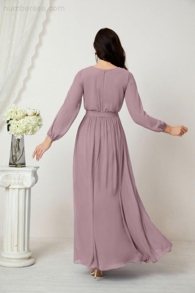 Evening Dresses Deep V-Neck Chiffon Bridesmaid Dresses Long Bishop Sleeve Side Split Formal Dress 2806