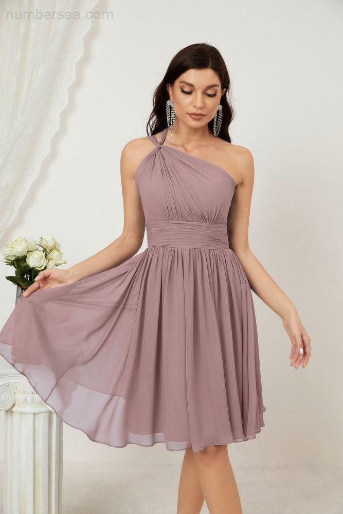 Women Chiffon Short One Shoulder Bridesmaid Dress Formal Dresses for Party Homecoming  2804