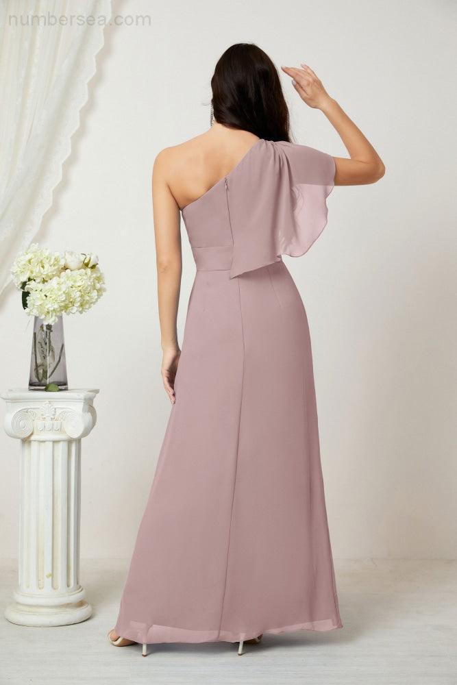 Chiffon Ruffled One Shoulder Long Bridesmaid Dresses A-line Formal Evening Gown Side Split 2809