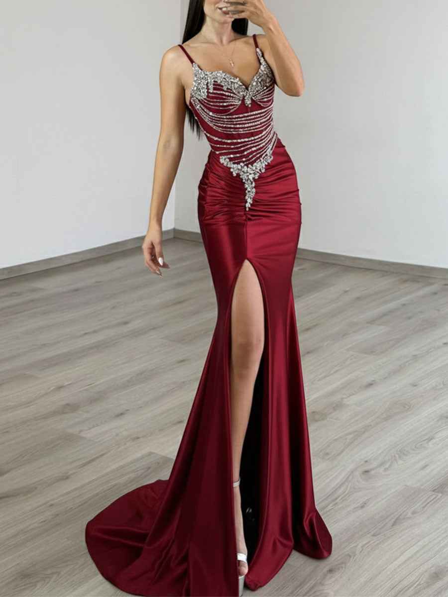 Gold Satin Prom Dress With Beaded Corset Bodice And Side Slit