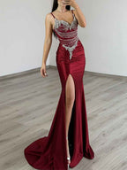 Gold Satin Prom Dress With Beaded Corset Bodice And Side Slit