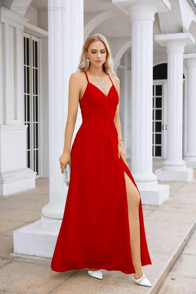 Vestido de Festa Comprido até ao Chão para Damas de Honra, em Chiffon, com Alças Finas, Decote em V e Fenda Frontal, para Baile, Festa e Casamento 28116