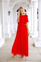 Robe de soirée longue jusqu'au sol pour demoiselle d'honneur, manches en mousseline, encolure ronde, fente avant, pour mariage et fête 28124