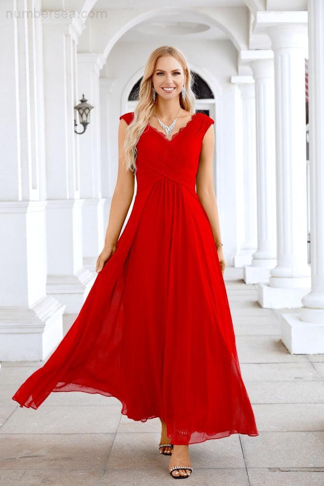 Ladies Chiffon V Neck Sleeveless Floor Length Bridesmaid Evening Dress Wedding Party Evening Dress 28126