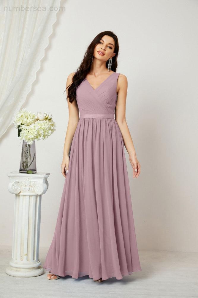 Abiti lunghi da damigella in chiffon da donna, linea a, senza maniche, abito formale da ballo per serata, abiti per festa di ritorno a casa 2808