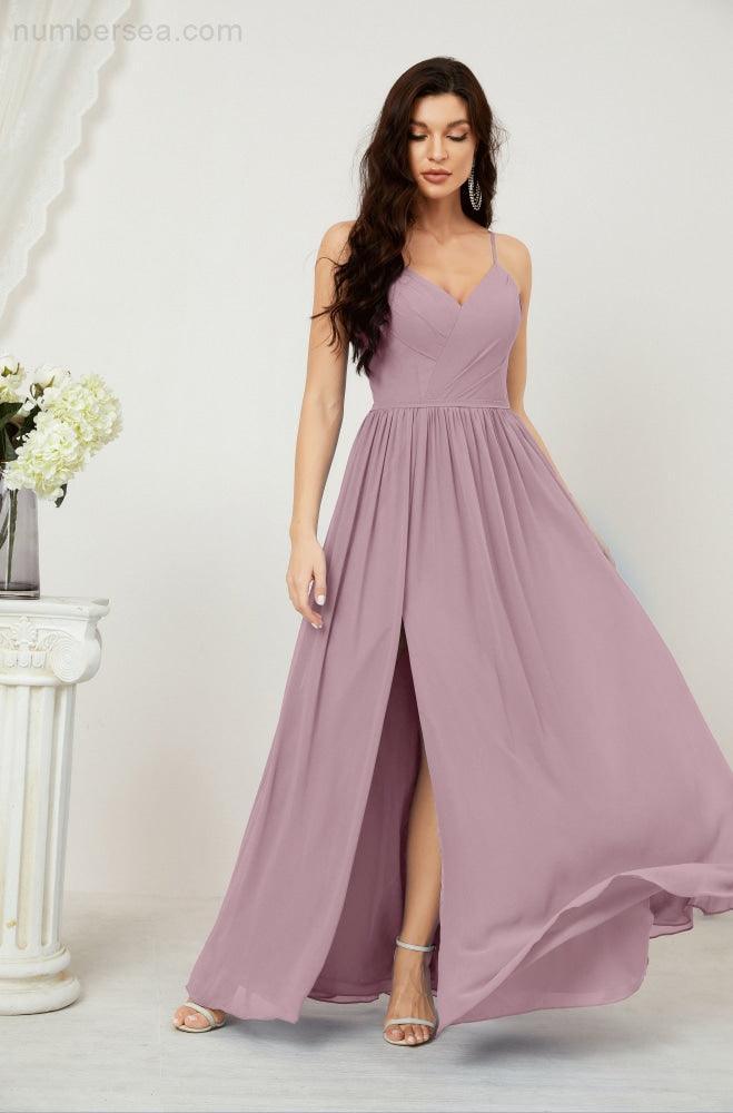 Neck Bridesmaid Dresses Chiffon Long Spaghetti A-line Formal Prom Gown for Wedding Party Evening 2801