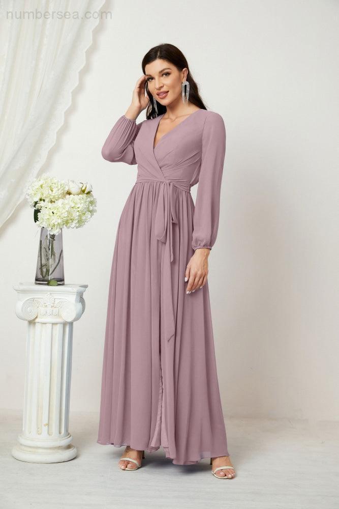 Evening Dresses Deep V-Neck Chiffon Bridesmaid Dresses Long Bishop Sleeve Side Split Formal Dress 2806