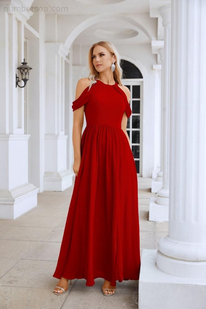 Abito da sera da damigella in chiffon con spalle scoperte, maniche a campana e spacco frontale, abito da festa nuziale 28117