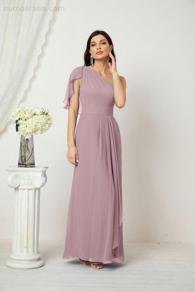 Chiffon Ruffled One Shoulder Long Bridesmaid Dresses A-line Formal Evening Gown Side Split 2809