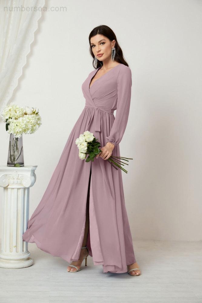 Evening Dresses Deep V-Neck Chiffon Bridesmaid Dresses Long Bishop Sleeve Side Split Formal Dress 2806