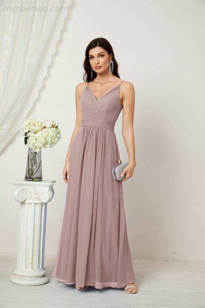 Chiffon V-Neck Bridesmaid Dress Spaghetti Strap Long Formal Party Prom Gowns with Slit 28010