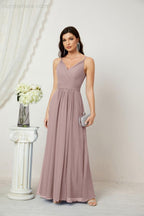 Chiffon V-Neck Bridesmaid Dress Spaghetti Strap Long Formal Party Prom Gowns with Slit 28010