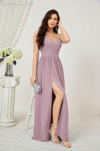 Neck Bridesmaid Dresses Chiffon Long Spaghetti A-line Formal Prom Gown for Wedding Party Evening 2801