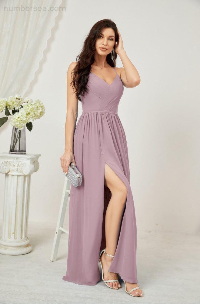 Neck Bridesmaid Dresses Chiffon Long Spaghetti A-line Formal Prom Gown for Wedding Party Evening 2801