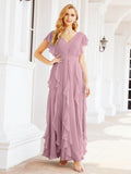 Ruffled Bridesmaid Dresses with Sleeves Long Formal Party Dress 28041