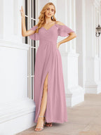 Cold Shoulder Long Bridesmaid Dresses Side Slit Formal Prom Gowns Party Wedding 28070