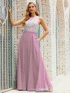 Vestido de Dama de Honra em Renda Comprimento ao Chão Vestidos de Noite com Bolsos 28017