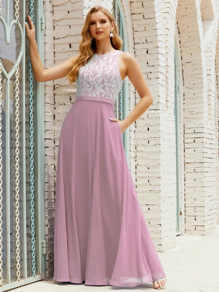Vestido de Dama de Honra em Renda Comprimento ao Chão Vestidos de Noite com Bolsos 28017