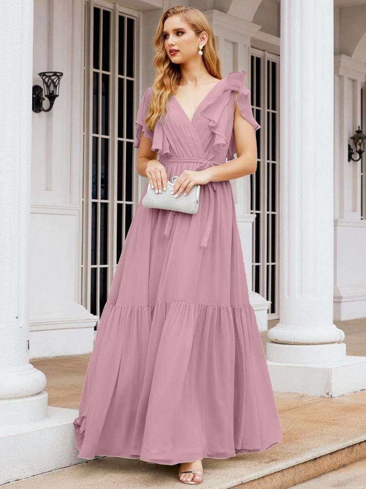 Abiti da sera formali da donna Numbersea con schiena scoperta, scollo a V, lunghi in chiffon, abiti da damigella con cintura in vita 28038