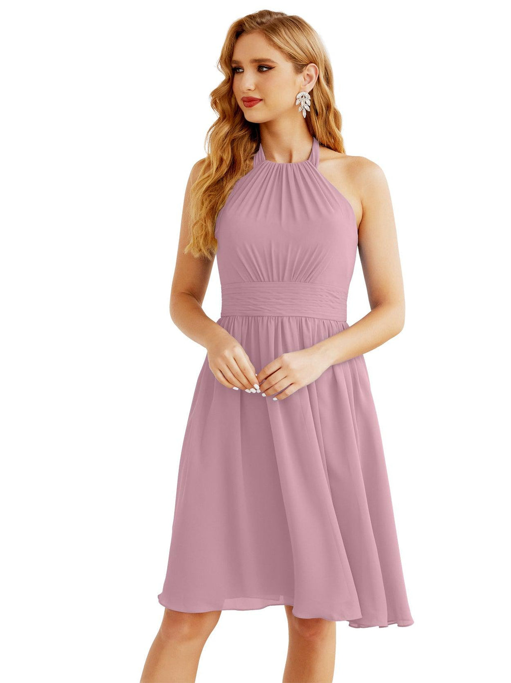 Halter Chiffon Bridesmaid Dresses Short Sleeveless Formal Party Dress Open Back 28023