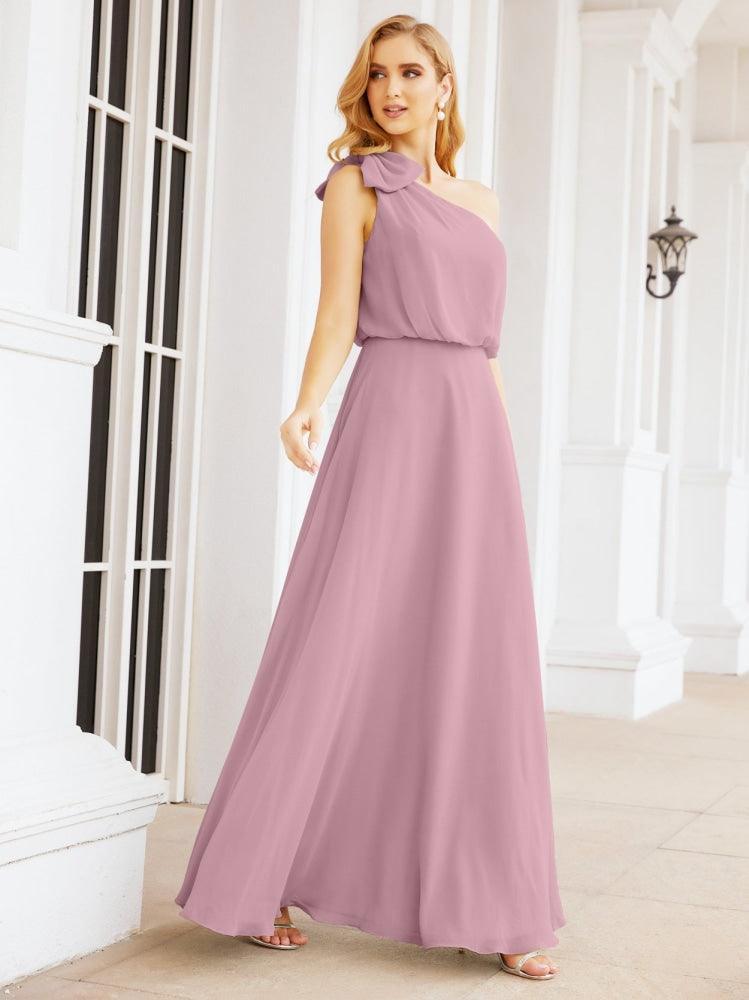Chiffon Ruffled One Shoulder Sleeveless Long Bride Dresses A-line Formal Evening Gown Side Split 28057