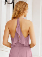 Halter Chiffon Bridesmaid Dresses Wedding Appare Sleeveless Formal Prom Dress with Ruffled Back 28035
