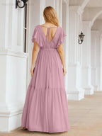 Abiti da sera formali da donna Numbersea con schiena scoperta, scollo a V, lunghi in chiffon, abiti da damigella con cintura in vita 28038