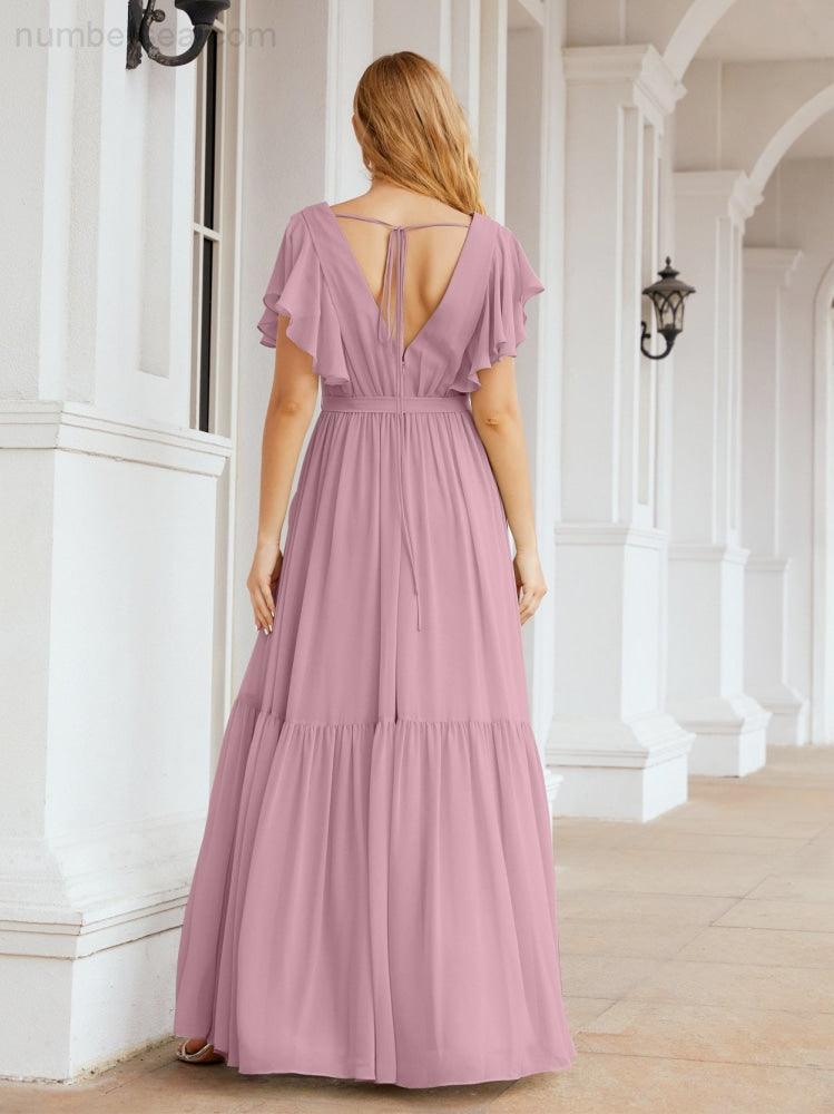 Abiti da sera formali da donna Numbersea con schiena scoperta, scollo a V, lunghi in chiffon, abiti da damigella con cintura in vita 28038