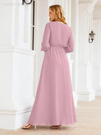 Vestito da damigella d'onore in chiffon da donna Numbersea, linea a trapezio, maniche lunghe, abito lungo formale da sera per ospite di matrimonio 28032