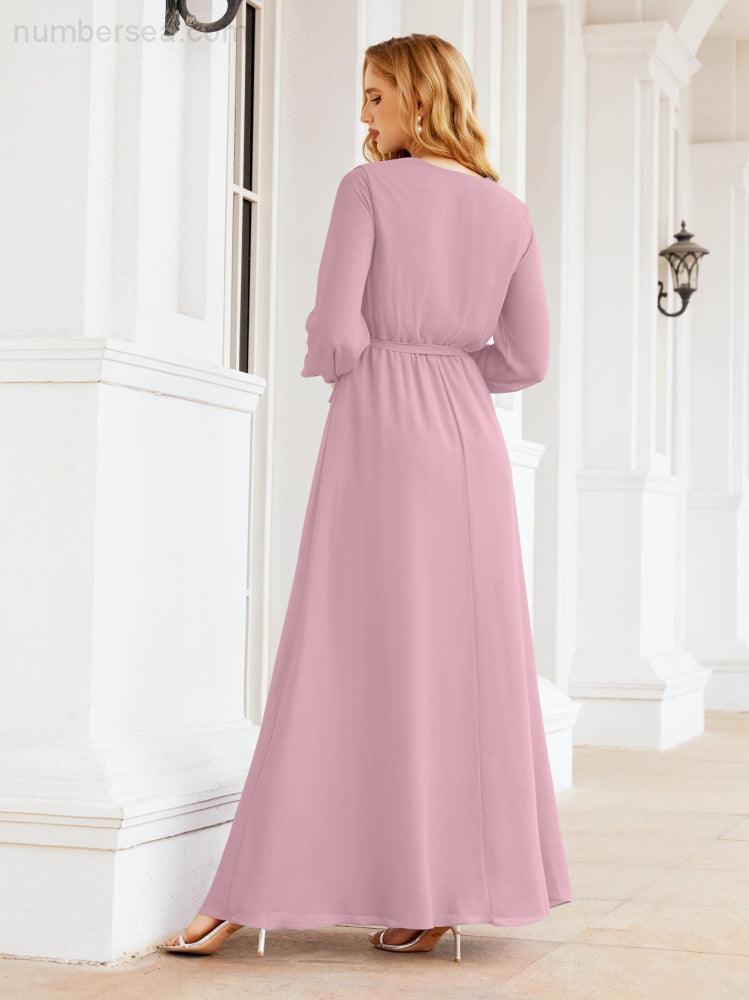 Vestito da damigella d'onore in chiffon da donna Numbersea, linea a trapezio, maniche lunghe, abito lungo formale da sera per ospite di matrimonio 28032