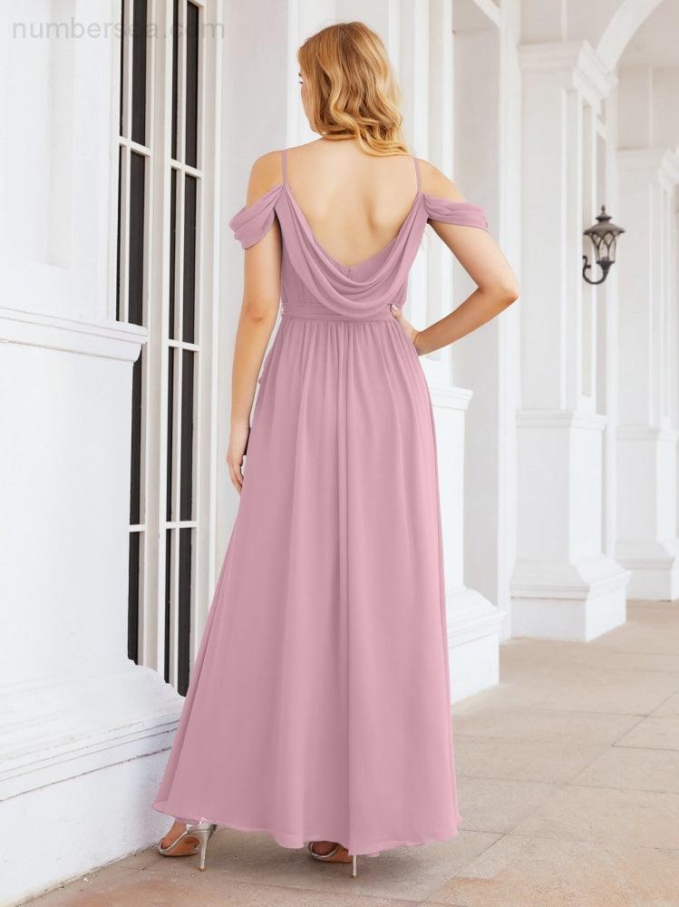 Numbersea Abito da Damigella in Chiffon con Spalle Scoperte, Abito Lungo Formale per Laurea con Schiena a Mantella 28069