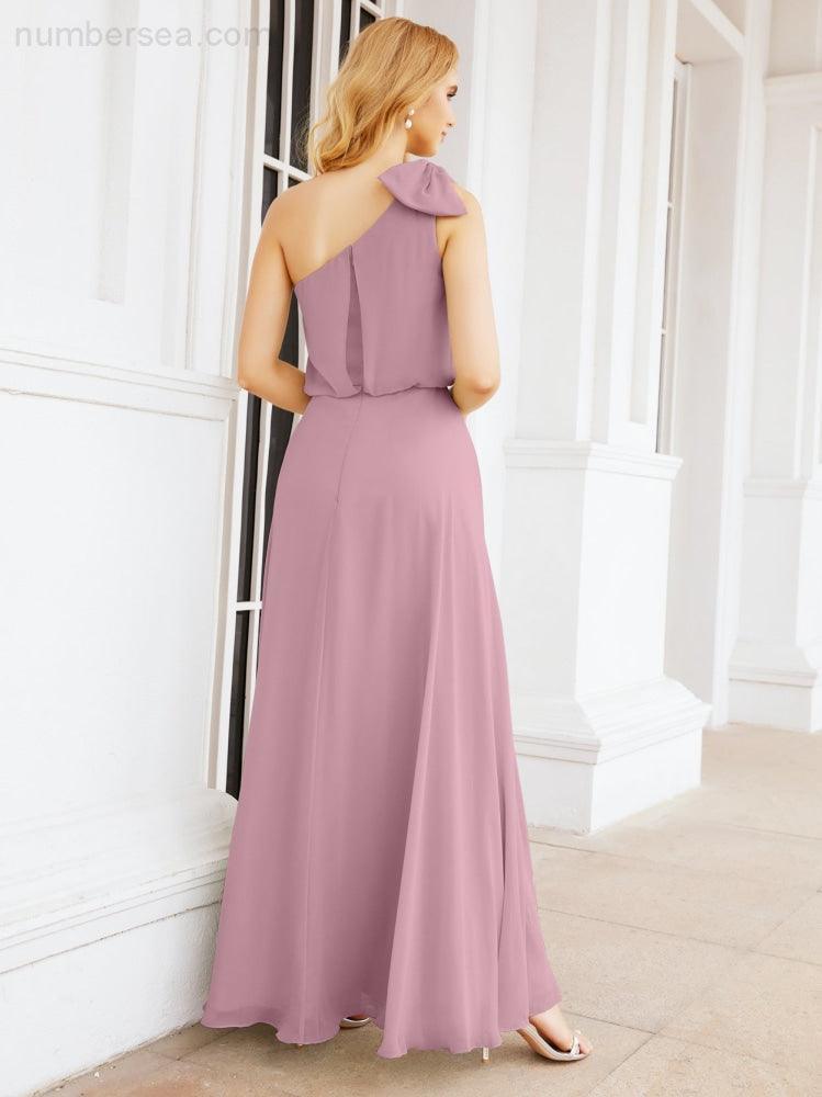 Chiffon Ruffled One Shoulder Sleeveless Long Bride Dresses A-line Formal Evening Gown Side Split 28057