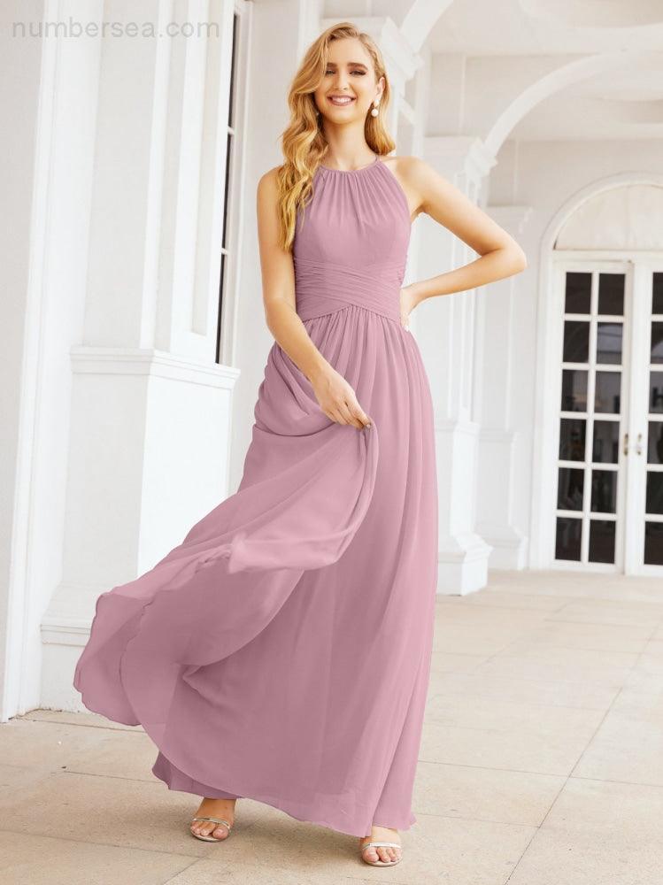 Sleeveless Bridesmaid Dresses Long Prom Gown Zipper with Keyhole Back 28056