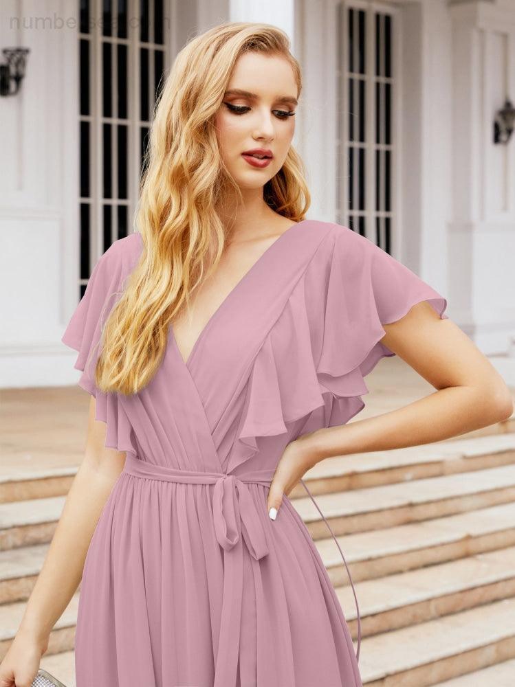 Abiti da sera formali da donna Numbersea con schiena scoperta, scollo a V, lunghi in chiffon, abiti da damigella con cintura in vita 28038