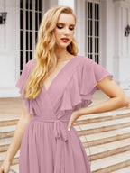 Abiti da sera formali da donna Numbersea con schiena scoperta, scollo a V, lunghi in chiffon, abiti da damigella con cintura in vita 28038