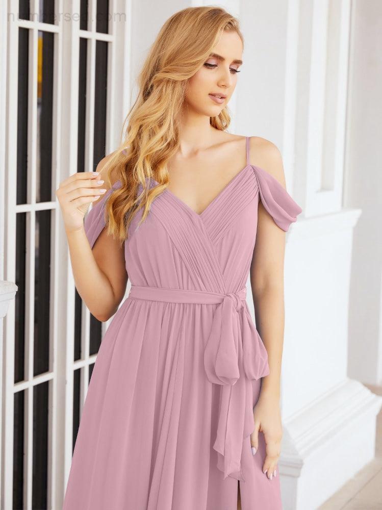 Numbersea Abito da Damigella in Chiffon con Spalle Scoperte, Abito Lungo Formale per Laurea con Schiena a Mantella 28069