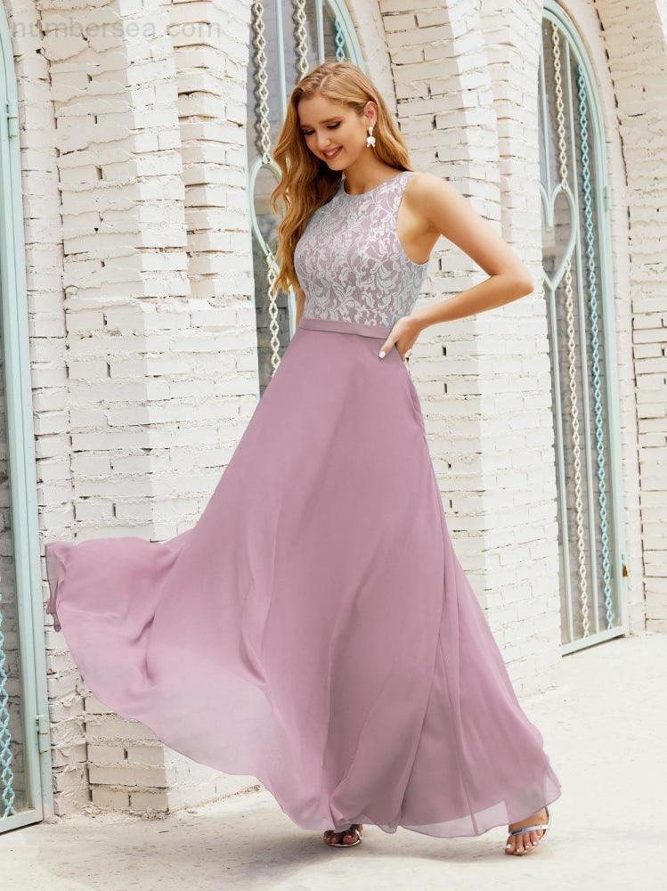 Vestido de Dama de Honra em Renda Comprimento ao Chão Vestidos de Noite com Bolsos 28017