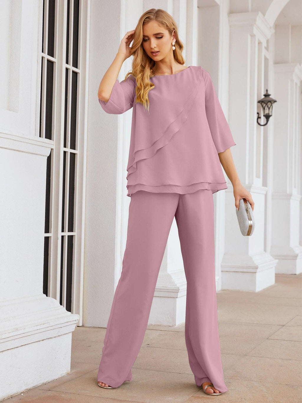 Numbersea Elegantes 2-teiliges Kleid für die Brautmutter Große Größen Hosenanzug mit Rüschenschichten Silberner Hausmantel 28064