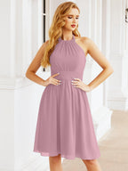 Halter Chiffon Bridesmaid Dresses Short Sleeveless Formal Party Dress Open Back 28023