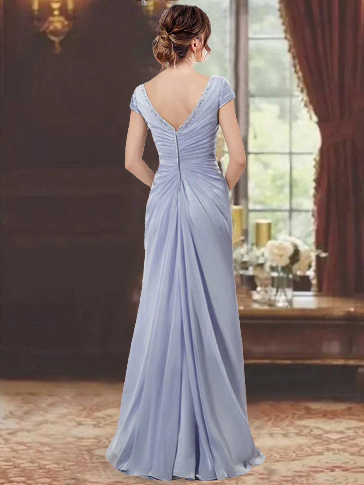 V-Neck Short-Sleeve Floor-Length Sheath Dress for the Mother of the Bride with Ruffles and Appliques
