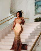 Golden Sunset Ombre Beaded Mermaid Prom Dress With Feather Trim