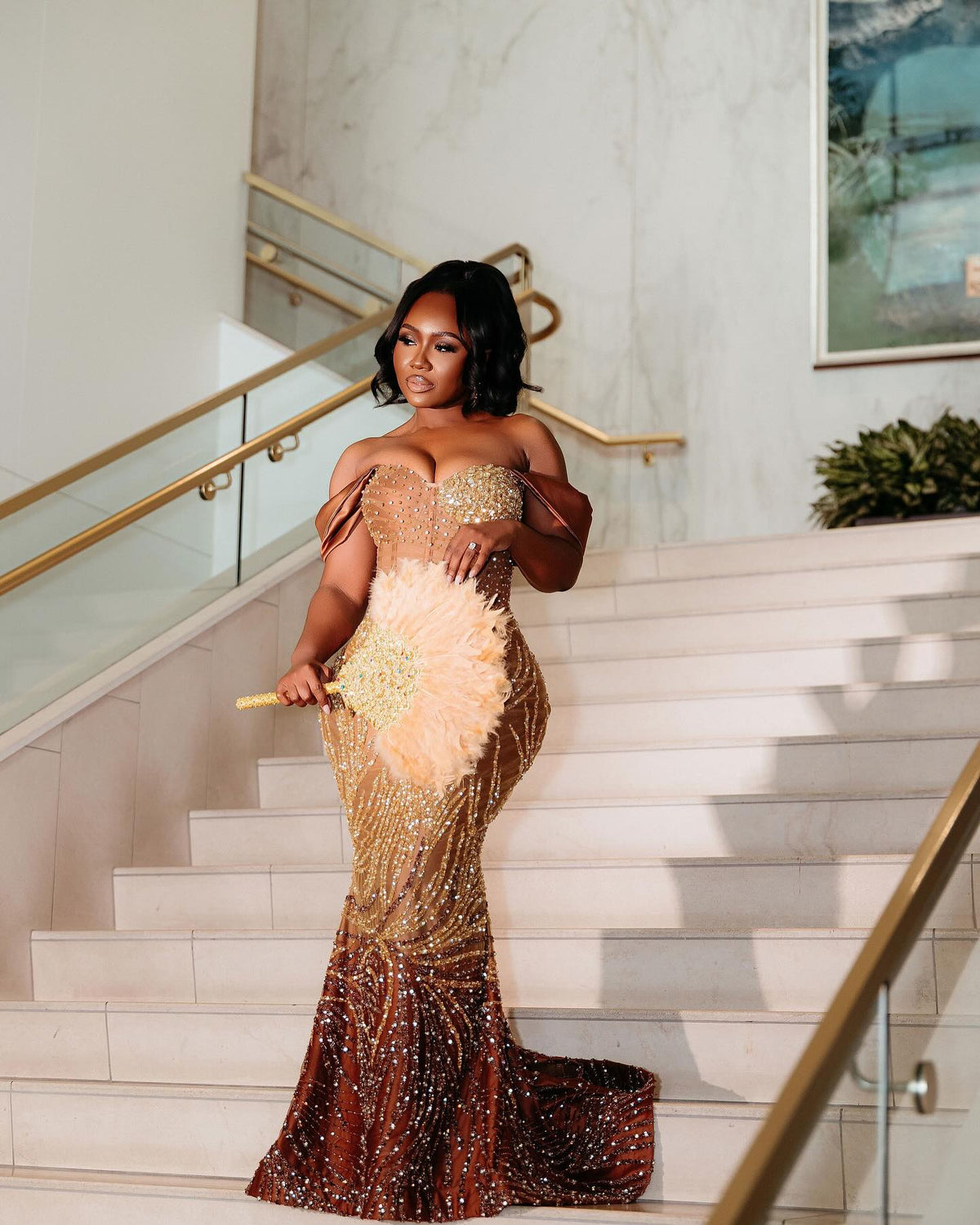 Golden Sunset Ombre Beaded Mermaid Prom Dress With Feather Trim