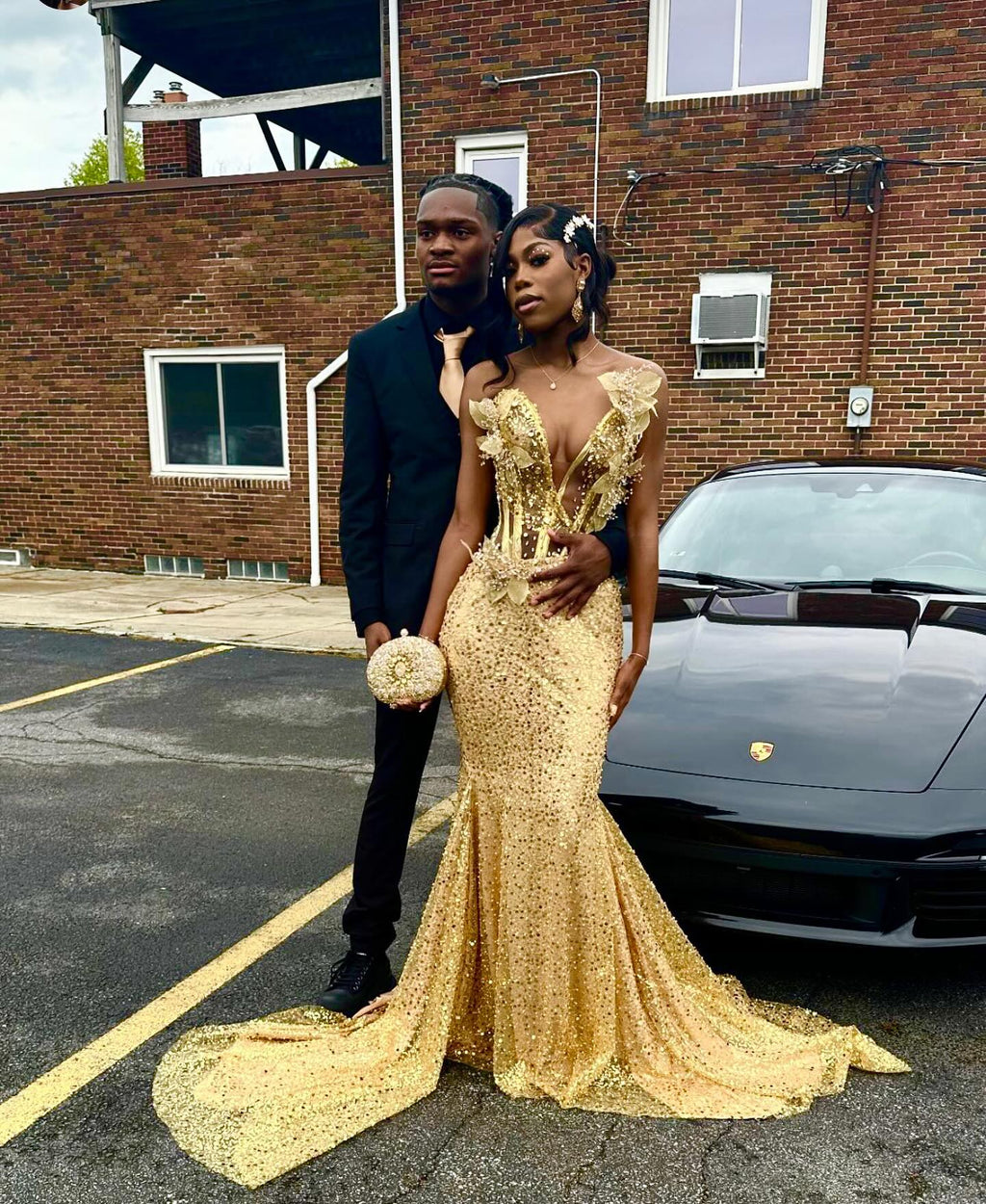24K Gold Sequined Corset Mermaid Prom Dress With 3D Florals