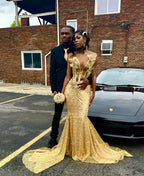 24K Gold Sequined Corset Mermaid Prom Dress With 3D Florals